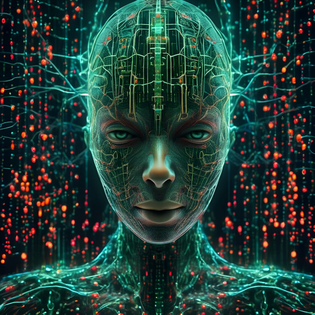 digital art, ai art, cyber, technology, tech, future, connected ai to network, cyborg, cyborg connect, future of ai